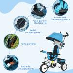 Triciclo Evolutivo para Bebés de +12 Meses 2 em 1 com Toldo Dobrável Guiador Cinto de Segurança e Cesto 95x50x106 cm Azul