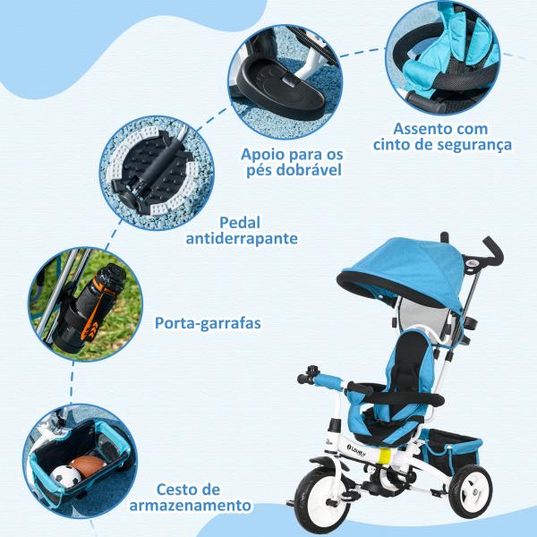 Triciclo Evolutivo para Bebés de +12 Meses 2 em 1 com Toldo Dobrável Guiador Cinto de Segurança e Cesto 95x50x106 cm Azul