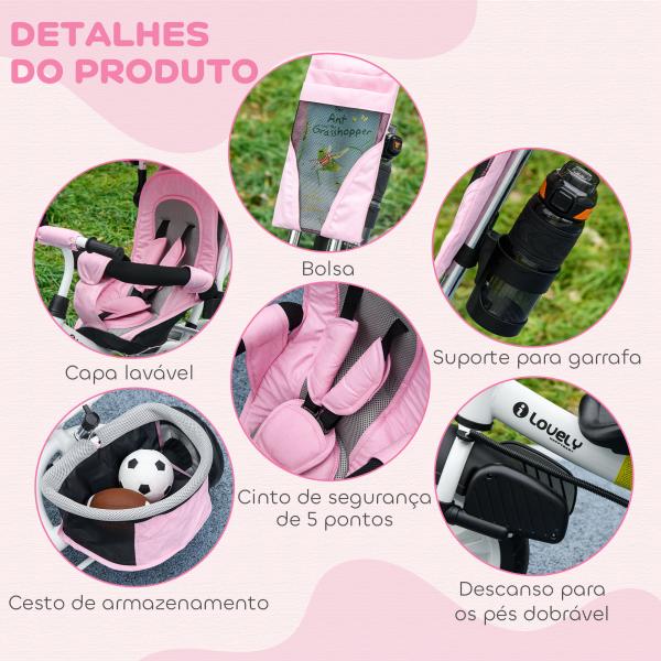 Triciclo para Bebés Evolutivo com Capota Dobrável Guiador Telescópico e Removível Bolsa e Porta - Garrafas 102x49x102 cm Rosa