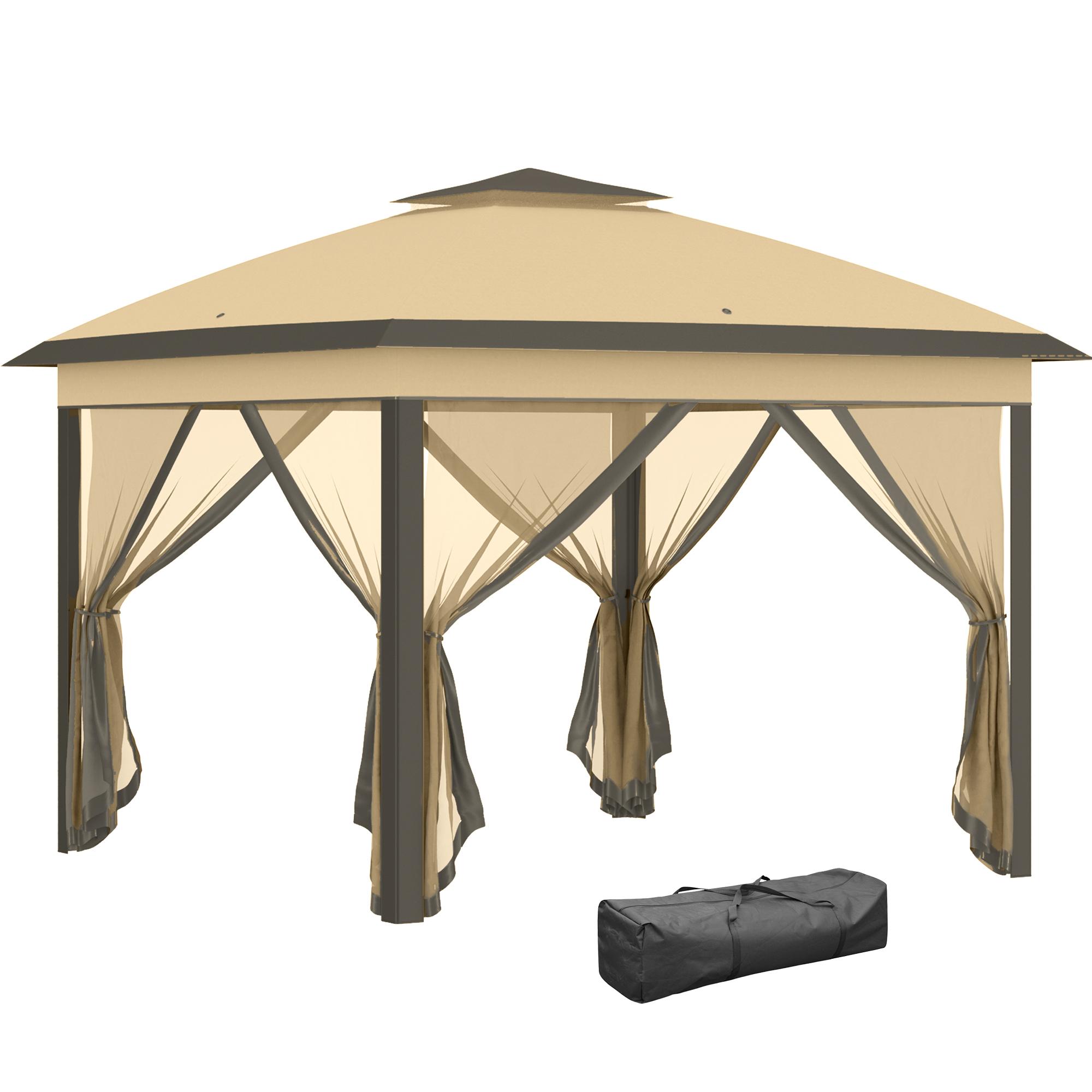 Pérgola Dobrável Exterior com Altura Ajustável Teto Duplo 4 Mosquiteiras Removíveis e Bolsa de Transporte 3,3x3,3 m Bege