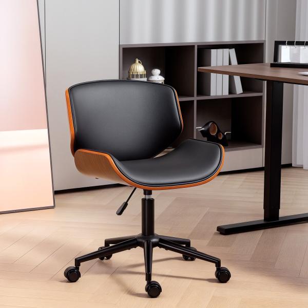 Cadeira de Escritório sem Braços Cadeira de Secretária Vintage Giratória Estofada em PU Altura Ajustável 52x54x74 - 84 cm Preto e Madeira