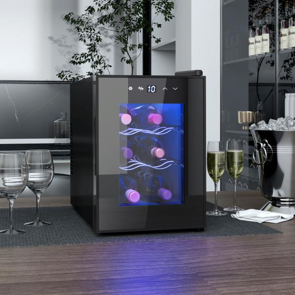 Cave de Vinho para 6 Garrafas com Luz LED Ecrã Tátil Controlo de Temperatura e 2 Prateleiras Ajustáveis 26,5x51,5x39,3 cm Preto