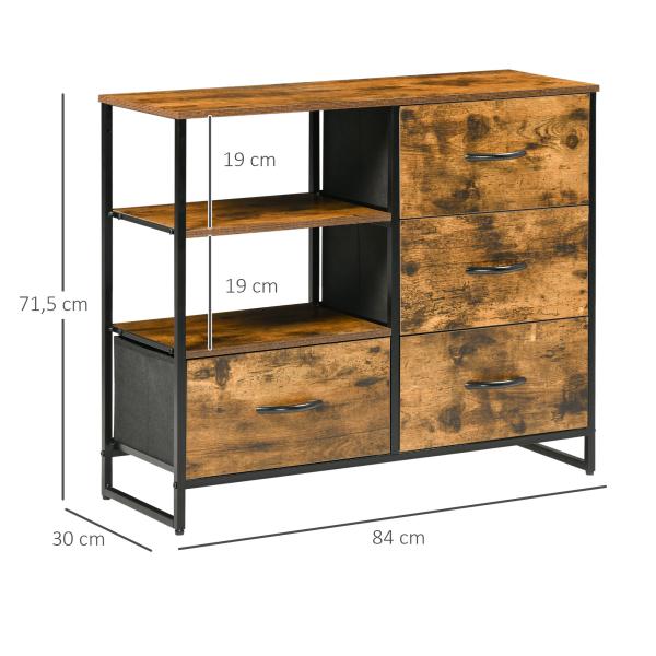 Cómoda com 4 Gavetas de Tecido Dobrável e 2 Prateleiras Abertas Estilo Industrial 84x30x71,4cm Marrom Rústico