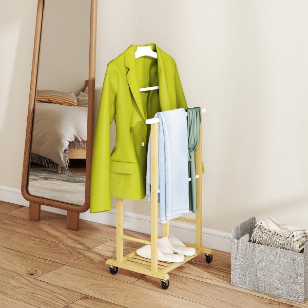 Cabide de Pé de Bambu com Rodas Cabide para Roupas com Barras para Calças e Prateleira Inferior para Sapatos Estilo Nórdico 47x33,7x105,5 cm Madeira e Branco