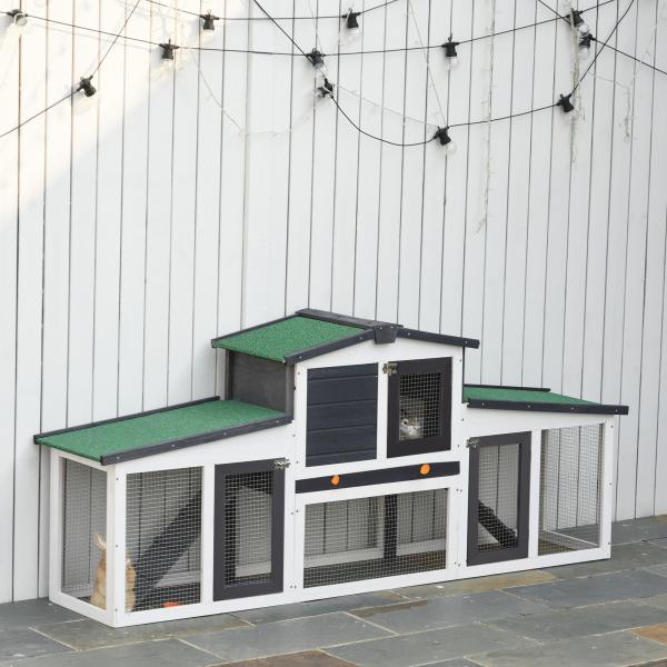 Coelheira de Madeira Gaiola para Coelhos com Teto Rebatível Escada e Bandeja Amovível para Exterior 197x49x86 cm Cinza