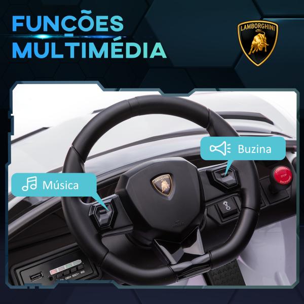 Carro Elétrico Lamborghini para Crianças 12V Velocidade Máxima 5km/h Controlo Remoto MP3 Luzes e Cinto de Segurança 107,5x63x42 cm Branco