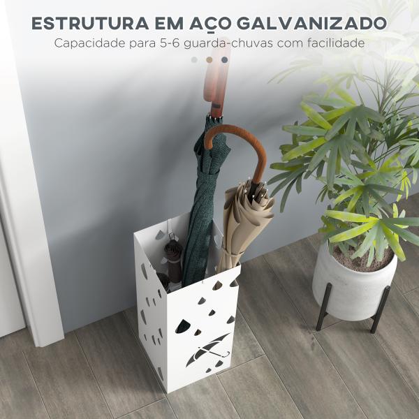 Suporte para Guarda - Chuvas com 4 Ganchos e Bandeja de Gotejamento Amovível Porta Guarda - Chuvas 15,5x15,5x41 cm Branco