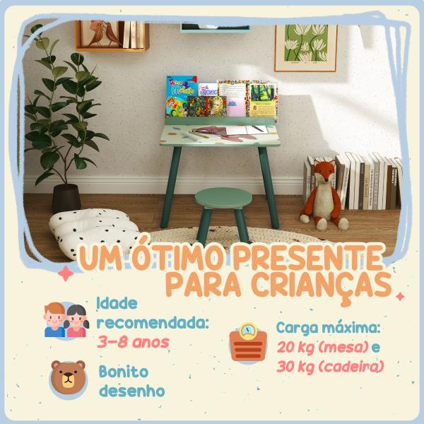 Mesa e Cadeira para Crianças com Prateleira para Livros Secretária para Crianças acima de 3 Anos Verde