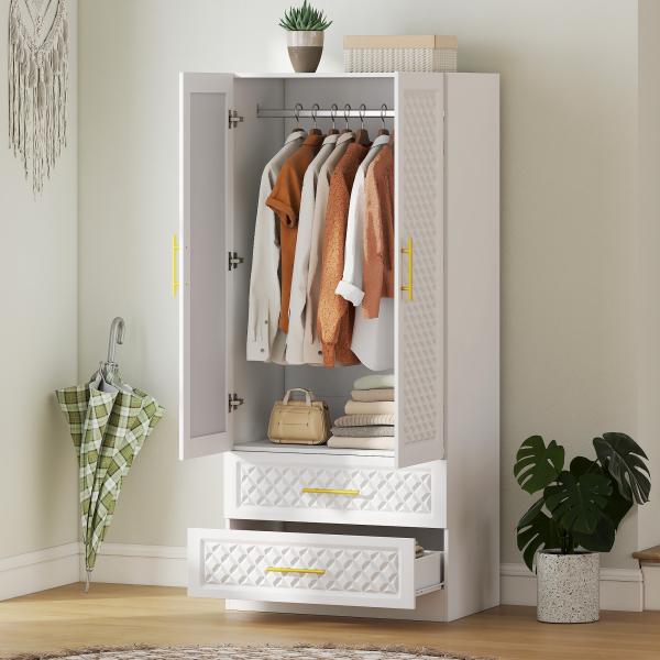 Roupeiro com Espelho 2 Portas e 2 Gavetas Relevo de Diamante Barra para Pendurar Estilo Moderno 80x50x180 cm Branco