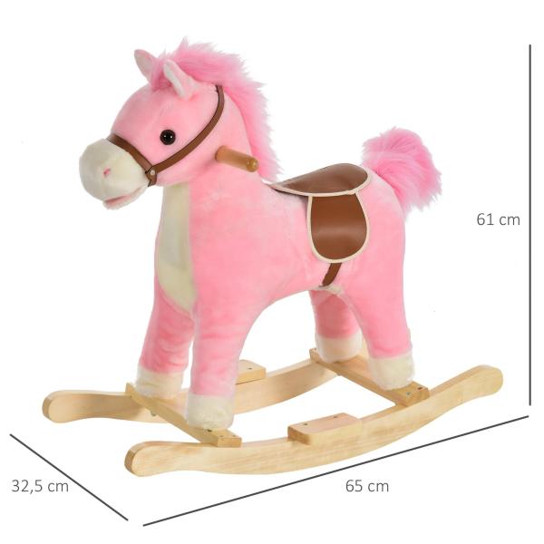 Cavalo Baloiço para Crianças Cavalo Baloiço de Pelúcia Suave com Música Relinchos Sons de Galope Boca e Cauda Móveis 65x32,5x61 cm Rosa