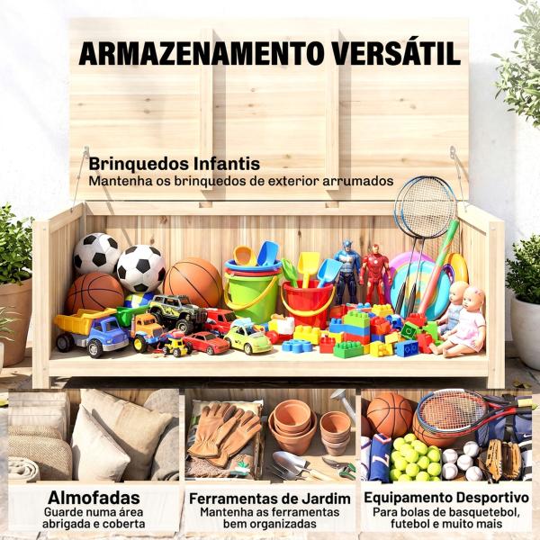 Baú de Armazenamento Exterior em Madeira 172 L com Tampa Articulada Resistente às Intempéries para Jardim Madeira
