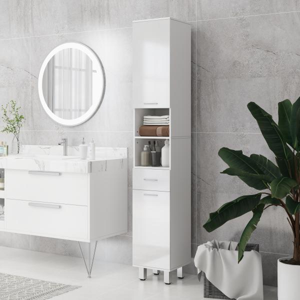 Coluna Casa de Banho Moderna com 1 Gaveta 3 Prateleiras Ajustáveis e 2 Armários Móvel Auxiliar de para Casa de Banho 30x30x180 cm Branco