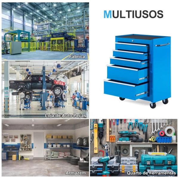 Carrinho de Ferramentas para Oficina com Rodas e 5 Gavetas Fechadura e Alça Lateral 61,5x33x85 cm Azul