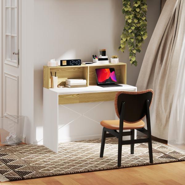Secretária 110x50x102,6 cm Mesa de Escritório com 2 Compartimentos Abertos e Prateleira Branco e Madeira