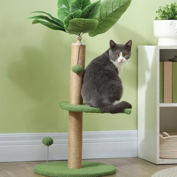 Árvore Arranhadora para Gatos 83 cm com Folhas Artificiais, Poste em Juta, Plataformas em Pelúcia e 2 Brinquedos, Verde