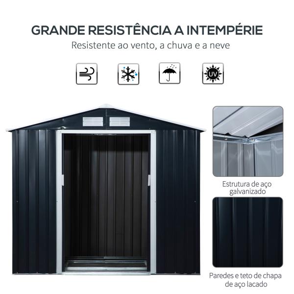 Abrigo de Jardim 213x130x185cm Abrigo de Jardim Metálico de Exterior com 2 Portas Deslizantes e 4 Janelas Cinza Escuro