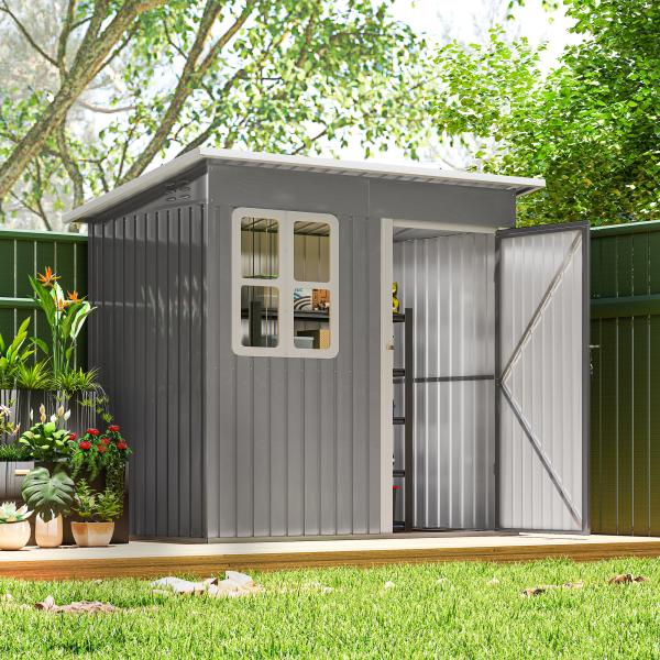 Abrigo de Jardim Exterior 2,55 m² 221x133x190 cm com Janela Porta com Fechadura e Ventilações Cinzento Escuro