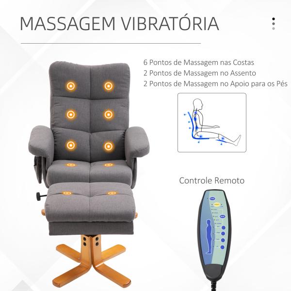 Poltrona Relax Reclinável com Apoio de Pés, 10 Pontos de Massagem, Giratória, Comando à Distância, Bolso Lateral, Cinzento