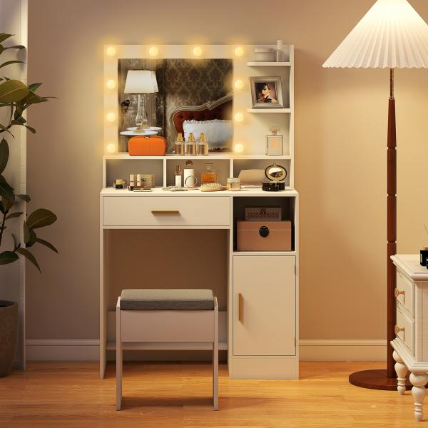 Toucador de Maquilhagem com Luzes LED Banco Espelho 10 Lâmpadas Gaveta Prateleiras e Compartimentos Branco