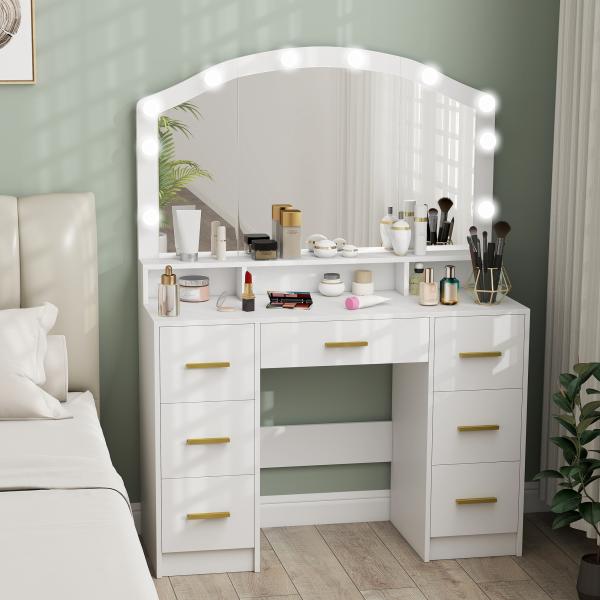 Toucador com 10 Luzes LED de 3 Cores Toucador de Maquilhagem com Espelho 7 Gavetas 3 Compartimentos Moderno 110x40x150 cm Branco