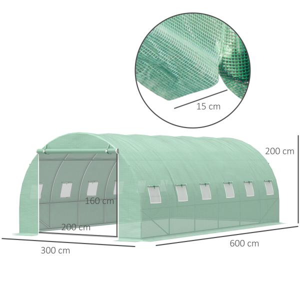 Estufa Tipo Túnel 600x300x200 cm com Porta 12 Janelas Cobertura de PE 140g/㎡ para Cultivo de Plantas e Verduras Verde