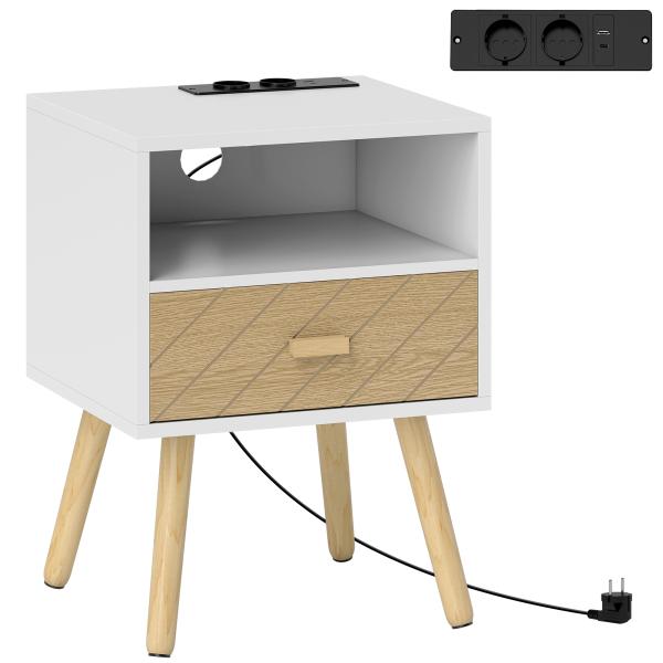 Mesa de Cabeceira com Estação de Carregamento Gaveta 2 Tomadas AC Porta USB e Tipo - C 40x35x54,7 cm Branco