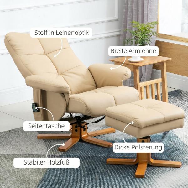 Poltrona Relax Reclinável com Apoio de Pés, 10 Pontos de Massagem, Giratória, Comando à Distância, Bolso Lateral, Creme