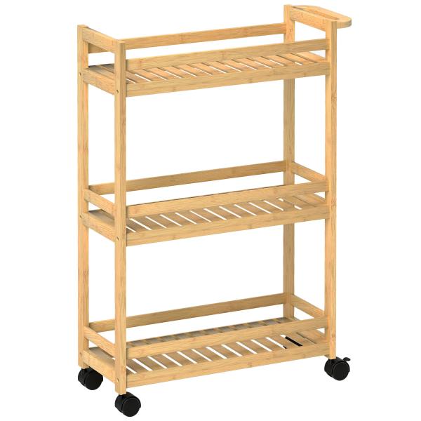 Carrinho de Cozinha Estreito de 3 Níveis com Rodas e Pega para Sala, Casa de Banho, Espaços Pequenos 55x20x75 cm Natural