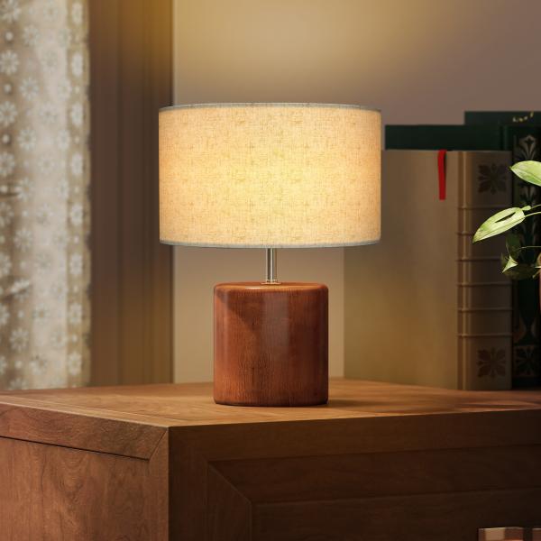 Candeeiro de Mesa Rústico com Base de Madeira Ecrã de Linho Interruptor Basculante E27 40W Ø20x27 cm Madeira e Bege