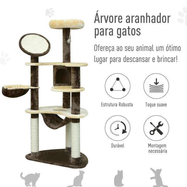 Árvore Arranhador para Gatos Grande Altura 153cm Torre de Escalada para Gatos com Caverna Redes Plataformas Postes Arranhadores de Sisal e Bola Suspensa Marrom e Bege