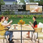 Conjunto de Refeição Jardim de 5 Peças Mesa de Refeição com Imitação de Madeira e 4 Cadeiras com Almofadas Bege e Madeira
