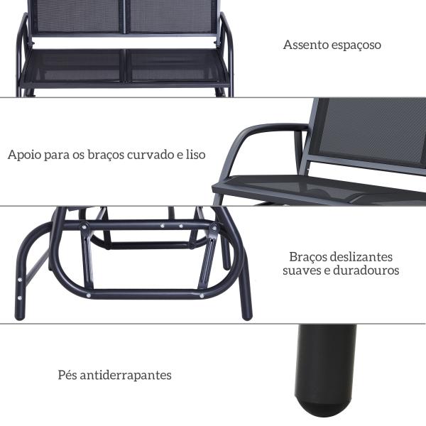 Baloiço de 2 Lugares com Tubo de Metal e Tecido de Textilene para Exteriores Carga Máx. 200 kg 120x70x85 cm Preto