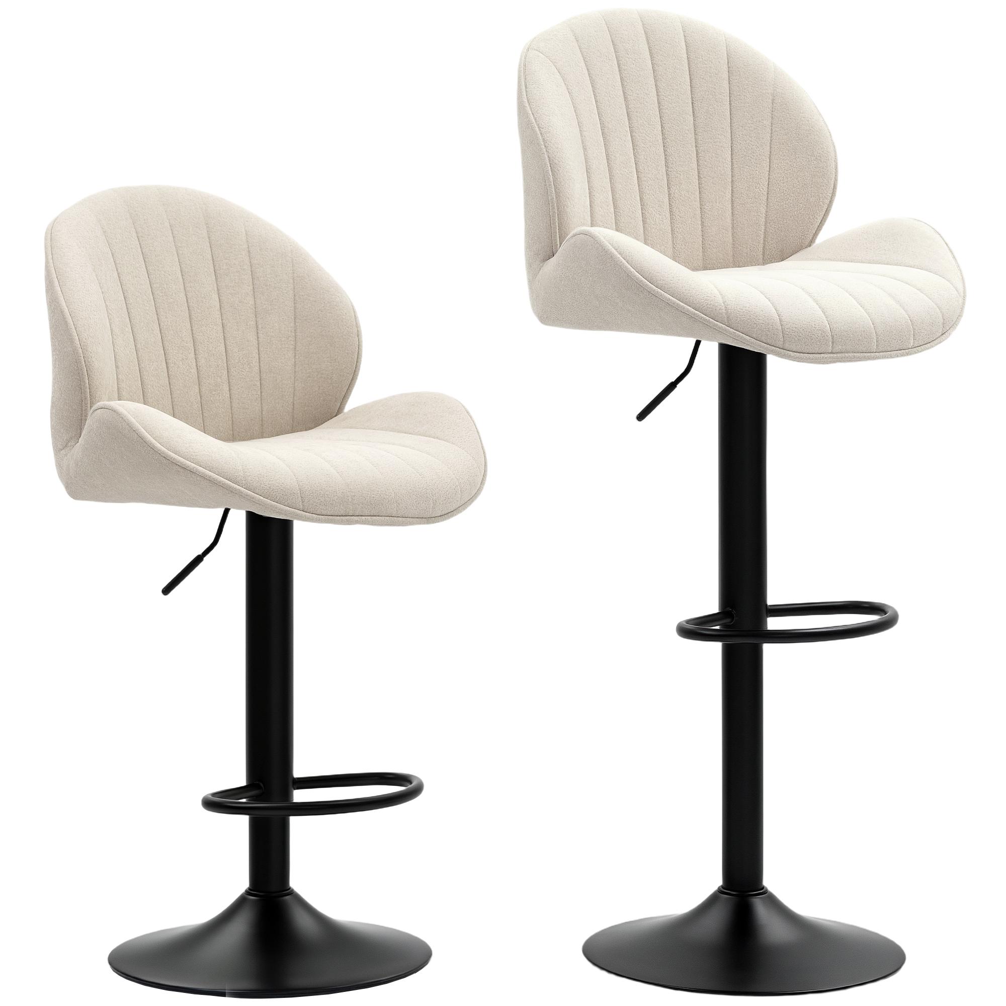 Conjunto de 2 Bancos de Bar Giratórios com Altura Ajustável 62 - 83 cm, Revestidos em Chenille, com Encosto e Apoio para os Pés, Bege