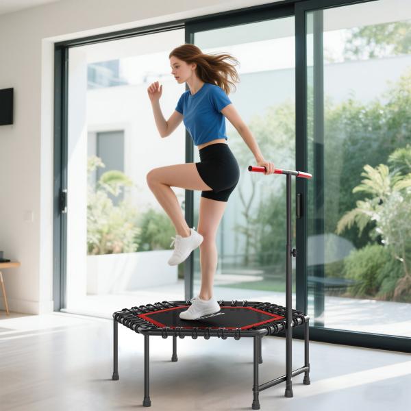 Trampolim Fitness 114x114x132 cm com Guiador Ajustável em 3 Níveis Estrutura de Aço para Treino de Perna Corpo Vermelho