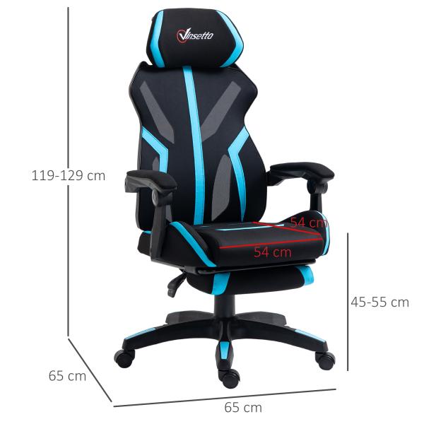 Cadeira de Gaming com Apoio para os Pés Retrátil Cadeira de Escritório Reclinável com Apoio para a Cabeça e Altura Ajustável 65x65x119 - 129cm Preto e Azul