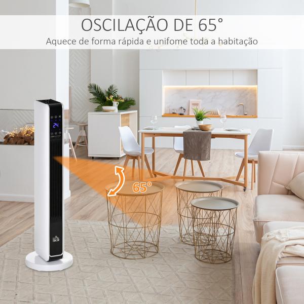 Aquecedor Cerâmico de Torre 1000/2000W com Controle Remoto Tela LED 3 Modos de Aquecimento Termostato Temporizador e Oscilação 65° para 25m² 21x21x73cm Branco