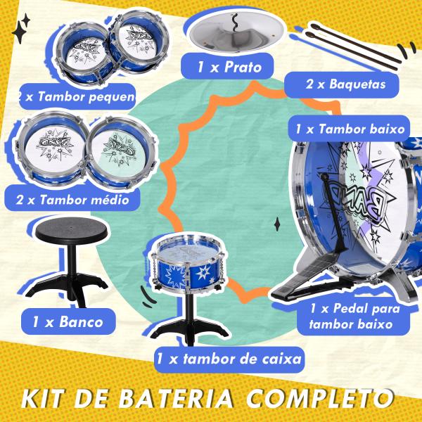 Bateria Infantil com Banco Bateria para Crianças acima de 3 Anos com Pedal e Baqueta Desenho de Estrelas 65x22x57 cm Azul