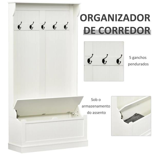 Móvel Cabide de Entrada com Banco Armário de Entrada com Cabide 5 Ganchos e Espaço de Armazenamento 96x34x179,7cm Marfim