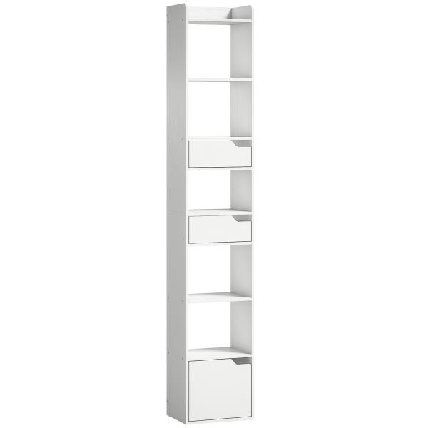 Estante para Livros com 2 Gavetas e Porta Estante Estreita com 6 Prateleiras Abertas 32x24x181,5 cm Branco