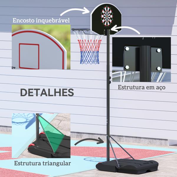 Tabela de Basquetebol para Exterior com Alvo de Dardos com Ajustável 210 - 247 cm Rodas Base Rellenável Preto