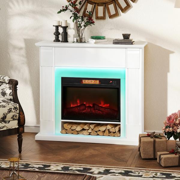 Lareira Elétrica com Efeito de Chama 3D e Tira de Luz LED RGB 1800W Temporizador para 30 m² 105x27x97 cm Branca