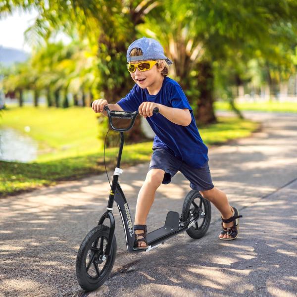 Trotinete para Crianças acima de 5 anos Scooter de 2 Rodas Grandes de 12 Polegadas com Freio e Guidão Ajustável em Altura Carga Máx. 50kg 120x52x80 - 88cm Preto