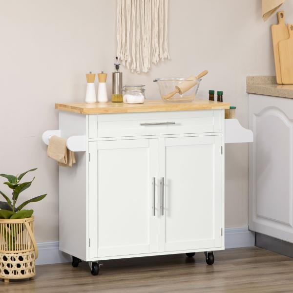 Carrinho de Cozinha com Prateleira Interior Ajustável Gaveta Barra e Suporte para Temperos 109x40x89 cm Branco
