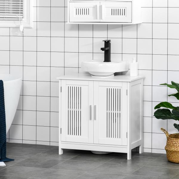Móvel para Lavatório Armário Casa de Banho de Chão de Madeira com 2 Portas Ventiladas e Prateleira Interior Ajustável Moderno 60x30x60 cm Branco