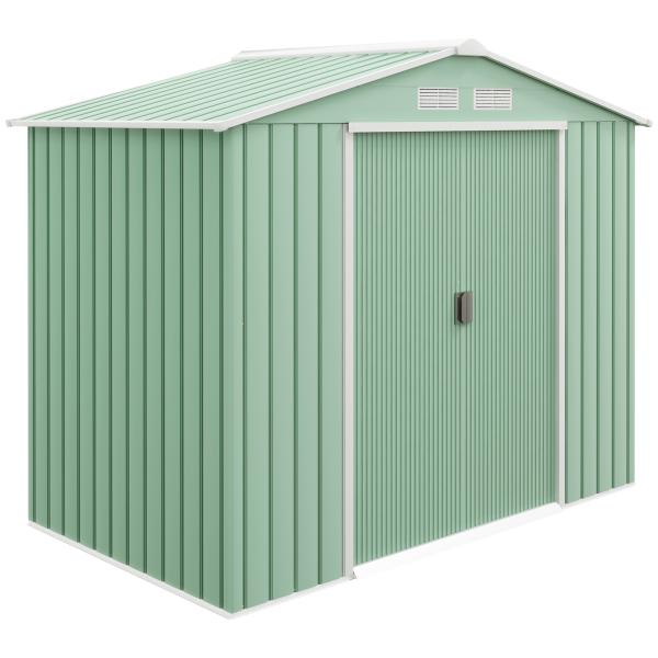 Abrigo de Jardim 213x130x185cm Abrigo de Jardim Metálico de Exterior com 2 Portas Deslizantes e 4 Janelas Verde Claro
