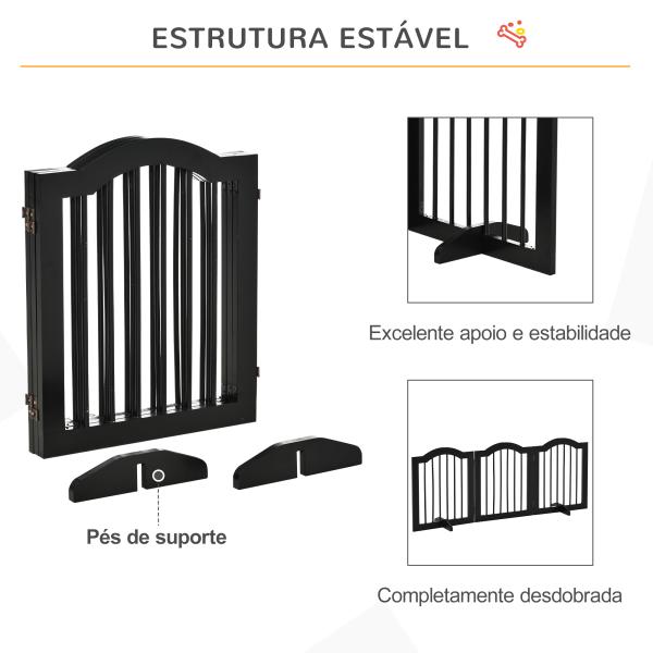 Barreira de Segurança Dobrável para Cães Pequenos com 3 Painéis e 2 Suportes 154,5x29,5x61 cm Preto