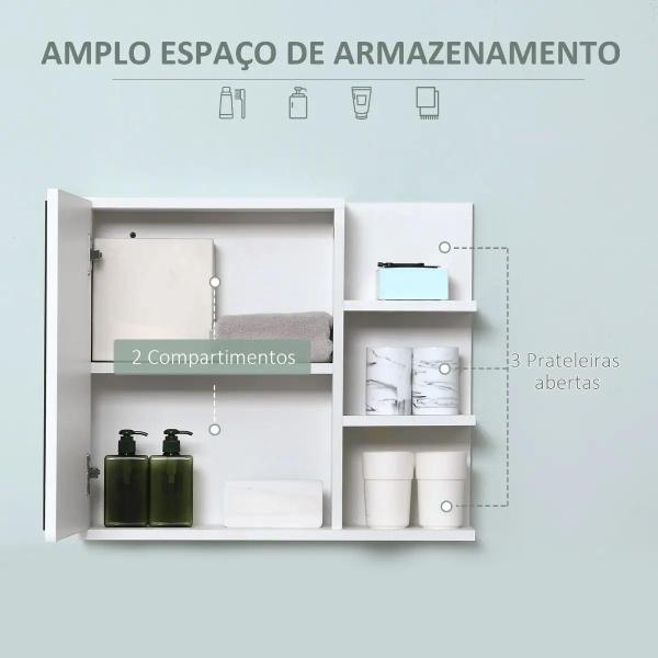 Armário Casa de Banho com Espelho Montado na Parede com 3 Prateleiras Abertas e 1 Porta com Prateleira Interior Estilo Moderno 60x18x50cm Branco