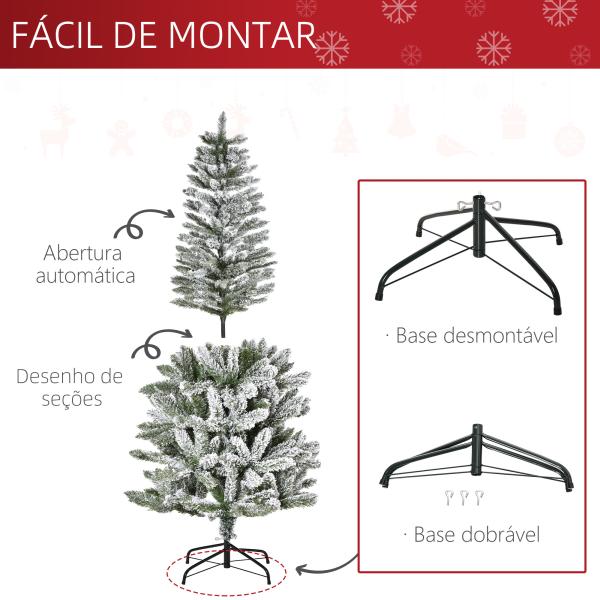 Árvore de Natal 180cm Neve Artificial com 394 Ramos Ignífugos de PVC Base Dobrável e Suporte de Aço Decoração de Natal para Interiores Ø60x180cm Verde e Branco