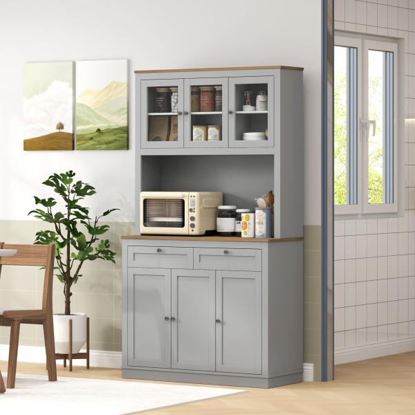 Armário de Cozinha com 3 Portas de Vidro Compartimento Aberto 2 Gavetas e Prateleiras Ajustáveis 100x40x180 cm Cinzento