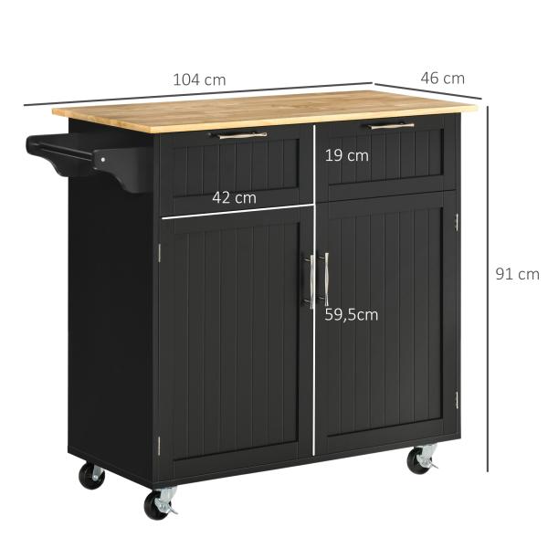 Carrinho de Cozinha com Rodas Móvel Auxiliar de Cozinha com 2 Gavetas 2 Portas Prateleira Ajustável 104x46x91 cm Preto